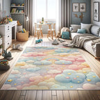 Ambesonne Cartoon Sky Decorative Rug, Dreamy Colors Celestial Atmosphere with Starry Kawaii Clouds Rainbow, Quality Carpet for Bedroom Dorm and Living Room, 4' X 5' 5", Blush Mustard Blue