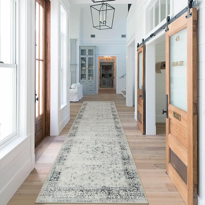 Morebes Vintage Hallway Runner Rug 2x10,Machine Washable Kitchen Runner Rugs Non Skid Washable,Soft Distressed Non-Shedding Carpet Runner for Entryway Foyer Bedside Playroom,Grey