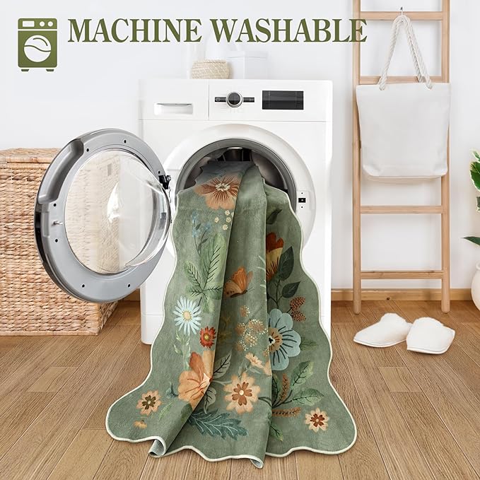 Lahome Floral Washable Runner Rug, 2'6''x8' Soft Hallway Runner Rug Non Slip, Boho Ultra-Thin Kitchen Runners for Hallways with Rubber Backing Carpet for Laundry Bedroom Bathroom(Green)