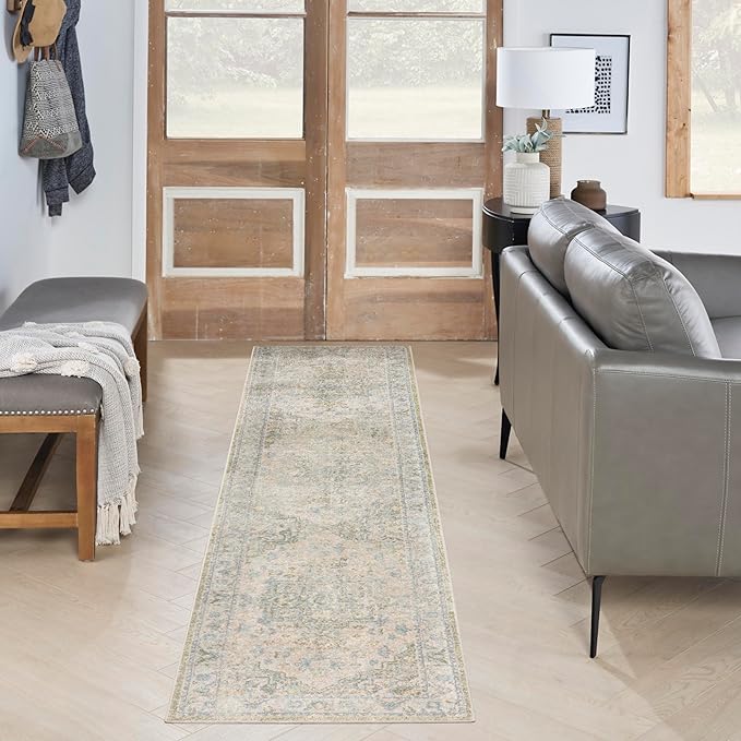 Nourison Home Astra Machine Washable Blue Green 2'2" x 8' Area Rug - Easy Clean, Non Shedding, Bed Room, Living Room, Dining Room, Kitchen (8' Runner)