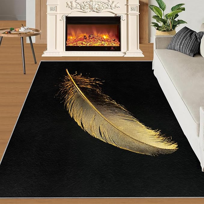 Golden Feathers Rugs for Bedroom - 3x5 Area Rug - Black Gold Feathers Rugs for Living Room, Modern Minimalist Art Rug, Washable Home Decor Carpet