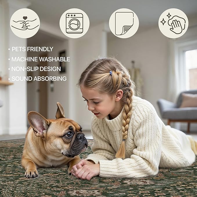 Bavni Washable Rug Runners for Hallways-Vintage Runner Rug 2'6''x8 Low Pile Floral Rugs, Non-Slip Indoor Throw Carpet for Living Room Bedroom Kitchen, Dark Green/Multi