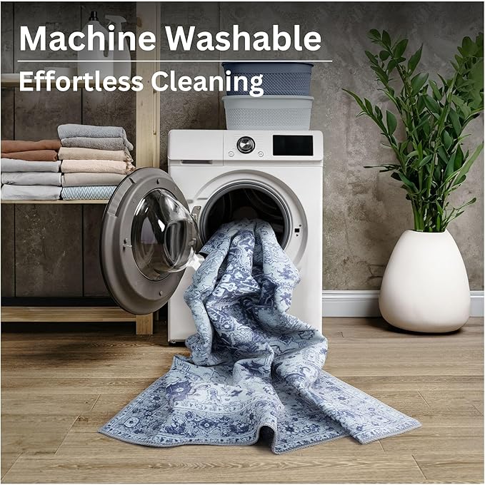 Bloom Rugs Washable Non-Slip 12 ft Runner - Gray/Blue Traditional Medallion Runner for Entryway, Hallway, Bathroom, and Kitchen - Exact Size: 2.5' x 12'