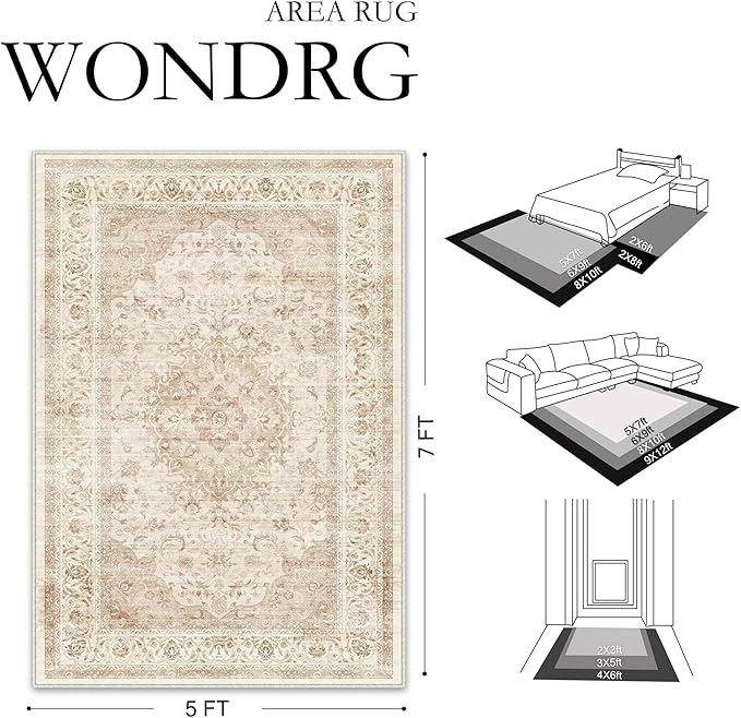 2x6 Beige Washable Vintage Area Rug for Living Room Bedroom Soft Tranditional Non Slip Runner Rug Lightweight Floral Low Pile Distressed Runner Entrance Laundry Room Hallway