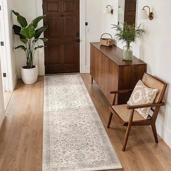 Bavni Washable Runner Rug 2’6”x10, Non Slip Vintage Hallway Runner, Ultra Thin Low Pile Washable Carpet for Kitchen Entryway Bedroom, Light Taupe Brown