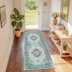 Area Rugs 2'x6' Washable Non-Slip, Floral Vintage Distress Print Pattern Medallion Carpet for Living Room Bedroom Dining Room, Green Navy Blue White Red Teal Colorful