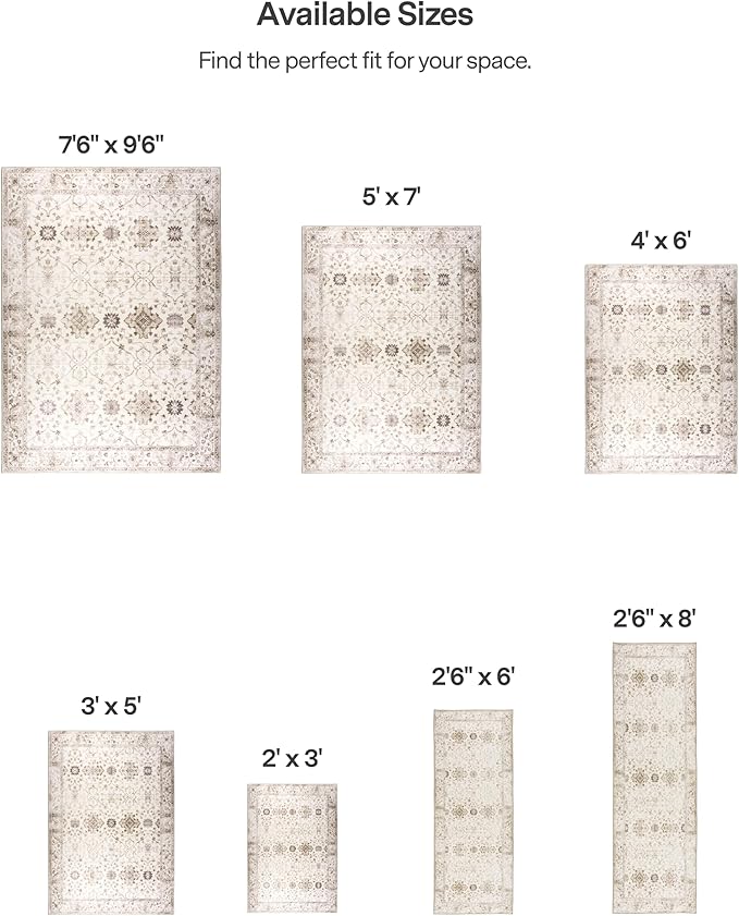 ReaLife Rugs Machine Washable Area Rug - Living Room Bedroom Bathroom Kitchen Entryway Office - Padded Low Pile Stain Resistant Premium - Boho Farmhouse Vintage - BEV - Beige 5' x 7'