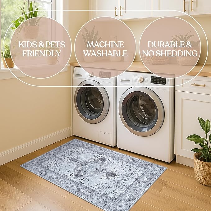 Washable Area Rug. Modern Farmhouse. Vintage. Turkish. Bohemian. Distressed. Oriental. Traditional. Rugs for Living Room. Dining. Bedroom. Office. Entryway. Foyer. (861GG, 2'5" x 13')