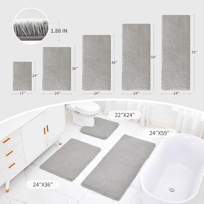 Gray Bathroom Runner Rug 24x59 Non Slip Fluffy Long Bath Mat for Bathroom Floor Washable Plush Luxury Bath Rug for Tub Absorbent Shower Sink Mat Bedside Rug