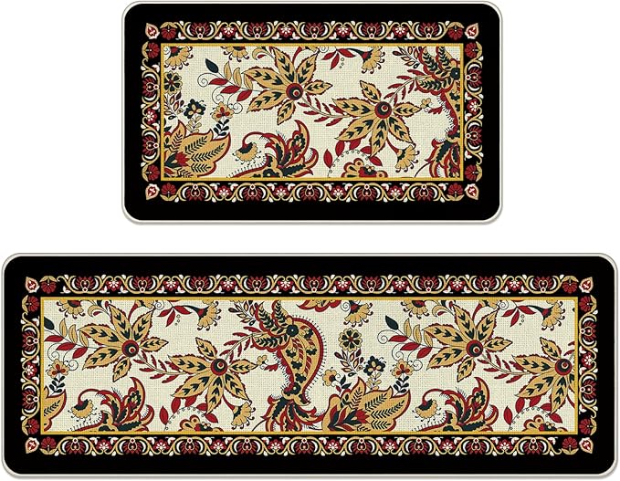 Vintage Floral Kitchen Rugs Set of 2, Traditional Ethnic Paisley Flowers Floor Mats Home Decor, Retro Ornate Door Mat Decorations - 17x29 and 17x47 Inches