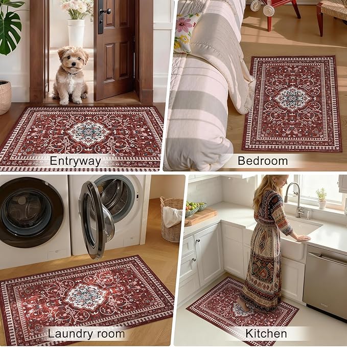 2' x 3' Red Washable Area Rugs, Non-Slip Entryway Rug, Boho Low Pile Door Mat Indoor Entrance, Floral Medallion Pattern Vintage Rugs for Kitchen Bedroom Bathroom Laundry Living Room Farmhouse
