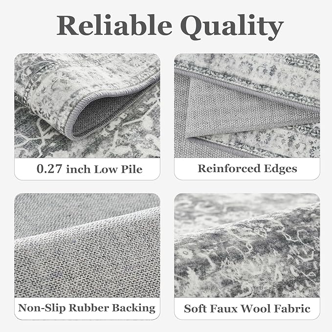Washable Gray 5x8 Area Rugs, Neutral Vintage Grey and Ivory Carpet for Living Room Bedroom, Low Pile Thin Rug with Non Slip Rubber Backing for Dining Room Home Office