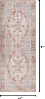 GLN Rugs Traditional Collection - Machine Washable Area Rug, Traditional Washable, Non Slip, Low Pile Chenille Rug, Living Room, Bedroom, Kitchen Rug (2'6" x 7' Brown/Blue)