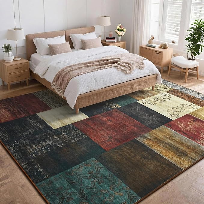 Tepook Modern Area Rug for Living Room, 4x6 Geometric Large Rugs for Bedroom, Washable Patchwork Rug Indoor Non-Slip Throw Carpets for Dining Room Office Farmhouse Home Decor, Multi