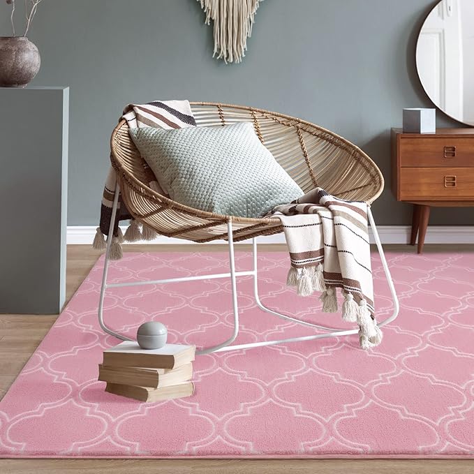 Amearea Fluffy Indoor Area Rug, Soft Trellis Moroccan Rugs for Bedroom, Shag Modern Area Rug for Living Room Kids Room Nursery, Easy Clean, Home Decor Low Pile Carpet, Pink 6x9 Feet
