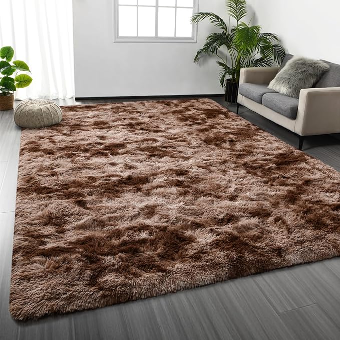 Large Shag Area Rugs 6 x 9, Tie-Dyed Plush Fuzzy Rugs for Living Room, Ultra Soft Fluffy Furry Rug for Bedroom, Indoor Carpet Nursery Rugs for Kids Room Home Decor, Coffee