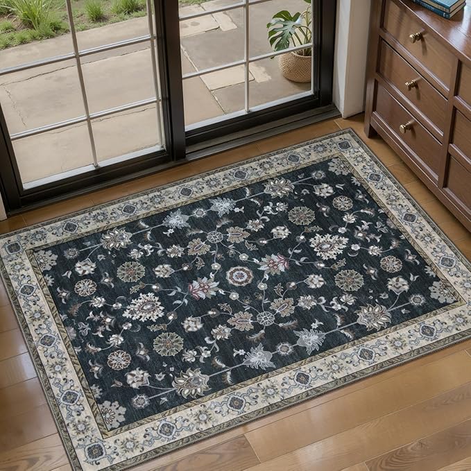 Tangsoo Vintage Floral Black 2x3 Washable Rugs for Entryway, Small Area Non-Slip Vintage Rug for Front Door, Brown Accent Rug Doormat, Soft Low Pile Rugs for Indoor Entrance Kitchen