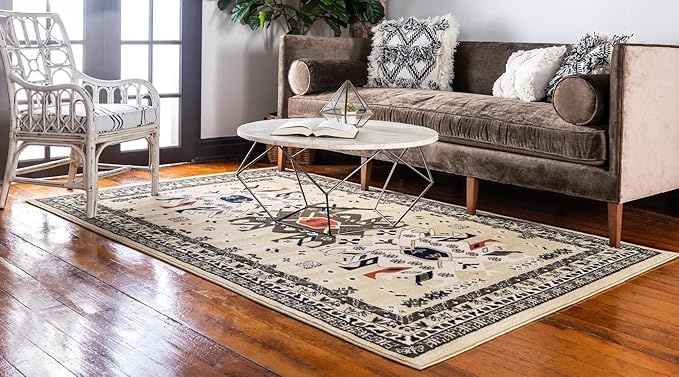 Unique Loom Taftan Collection Border Geometric Tribal Inspired Design Area Rug, 4 ft x 6 ft, Gold/Gray