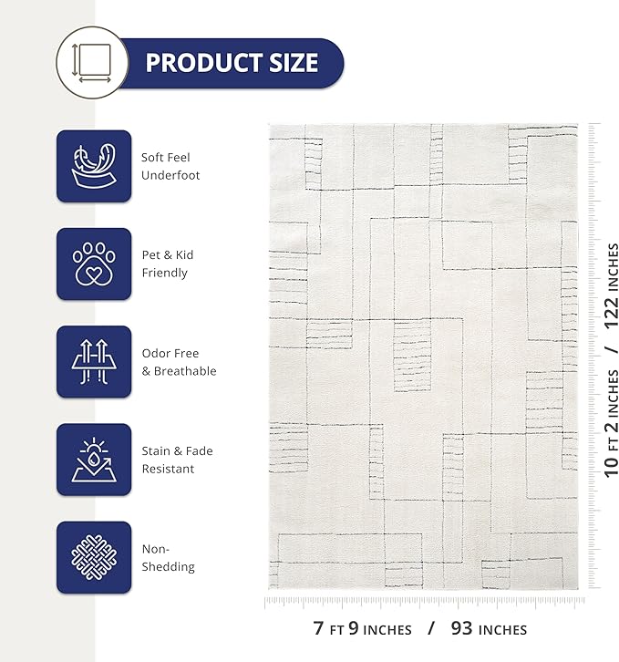Abani Cream Area Rug – 8' x 10' – Oliver Collection – Geometric Linework Pattern – Non-Shedding, Easy to Clean – Durable for Living Room, Bedroom, or Office, Pet & Child Friendly