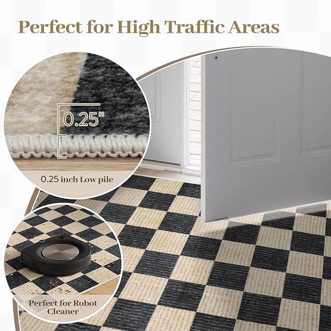 LIVEBOX Machine Washable Area Rug 6x9 Checkered, Non Slip Soft Large Bedroom Living Room Rug Farmhouse Neutral Classic Geometric Boys Rug, Indoor Carpet for Den Dorm Playroom(Black,6'x9')