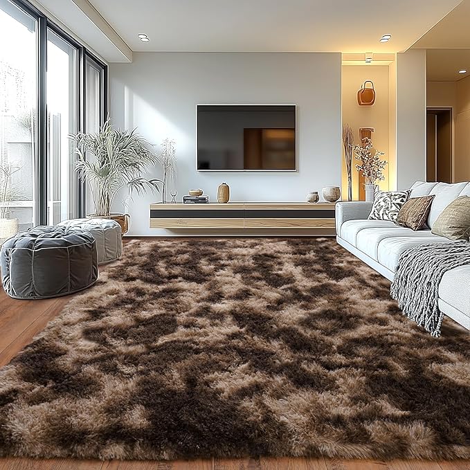 Extra Large Plush Rug High Pile Fluffy Rug for Living Room, Big Plush Non-Skid Shag Carpet, Soft Shaggy Rugs for Bedroom Indoor Modern Home Decor Tie Dye Coffee 9x12ft