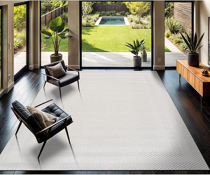 CAMILSON Micro Loop Rug 8x10 Modern Luxury Bordered Area Rugs Soft High and Low Pile Stain Resistant Easy-Cleaning Non-Shedding for Living Room Office Indoor Carpet (8 x 10 / White)