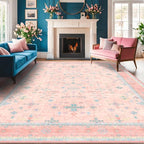 Washable Pink and Blue 7x10 Oushak Rugs for Bedroom Girls Dorm Living Room, Modern Floral Aethestic Distressed Design, Soft Low Pile Non Slip Stain Resistance Carpet