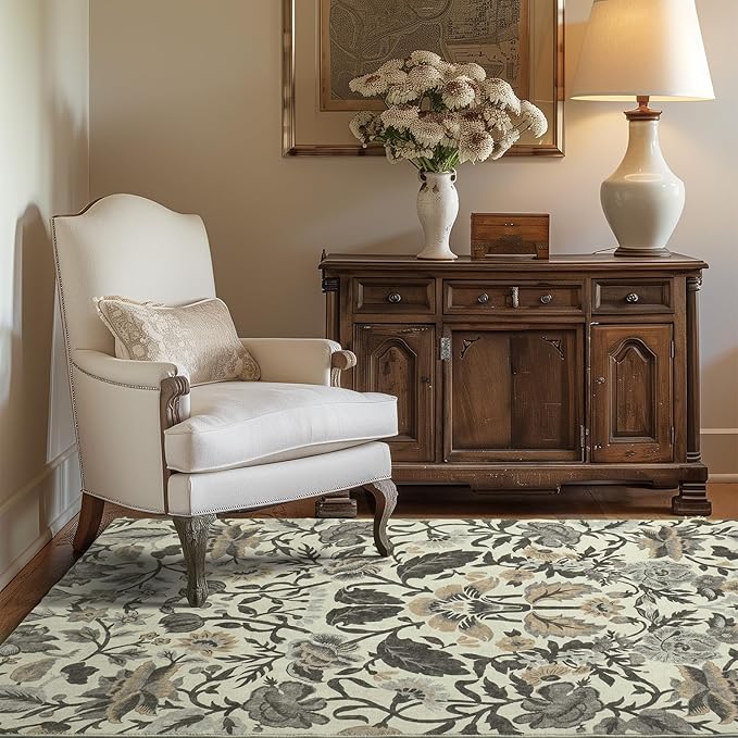EVERGRACE Area Rugs for Living Room 4x6, Boho Floral Faux Wool Indoor Outdoor Rugs, Washable Rugs for Bedroom Entryway Dining Room Hallyway, Low Pile Floor Mat Carpet for Home Decor, Gray