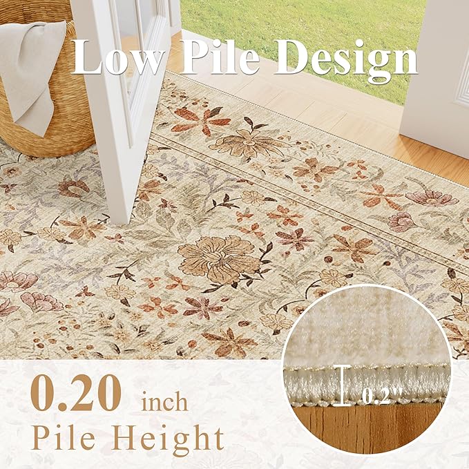 DOKINO 2x10 Runner Rug for Hallway, Vintage Washable Long Kitchen Rug with Low Pile Design, Floral Non Slip Soft Carpet Runner for Hallway, Kitchen, Bathroom, Bedroom, Beige
