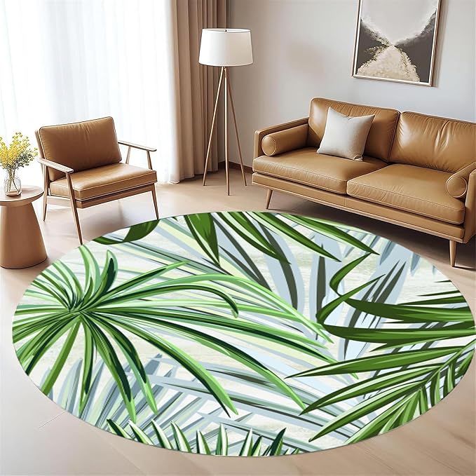Round Rug 3ft - Pink Tropical Floral with Watercolor Leaves, Non-Slip Low Pile Circle Rug, Bohemian Jungle Turtleback Design for Dining Room Table, Living Room, Bedroom