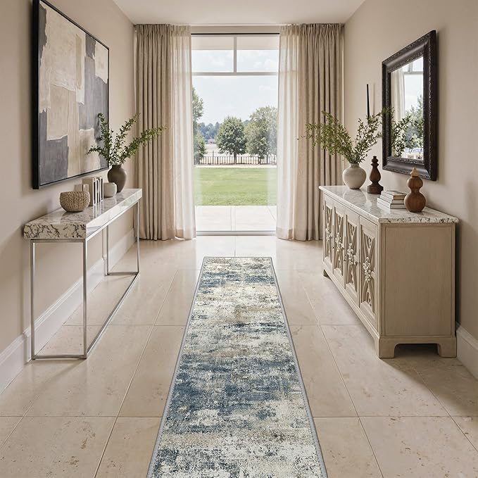 GENIMO Runner Rug Non Slip 2'6"x8', Washable Rug Runner for Hallways Kitchen, Abstract Modern Kitchen Rugs, Low Pile Lightweight Carpet Runners for Entryway, Bedroom, Laundry, Navy Blue