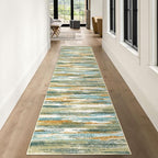 Modern Abstract Runner Rug 3x10, Green Teal Mustard Washable Kitchen Runner Non-Slip Soft Hallway Rug Runner Thin Print Faux Wool Carpet for Entryway Bedroom Indoor Home Office Decor