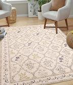 YIHOUSE Beige Floral Print Rugs, Moroccan Trellis 9x12 Washable Large Rug, Modern Pastel Non Slip Ultra-Thin Area Rug for Classroom, Nursery Playroom,Dorm,Bedroom,Living Room, Beige Multi