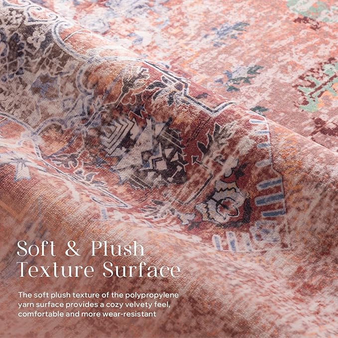 Phantoscope Washable Area Rug 8'x10' Non-Slip, Vintage Neutral Fall Rugs for Living Room, Bedroom, Dining Room, Distressed Boho Medallion Pattern, Low-Pile Foldable Floor Carpet, Rust Orange
