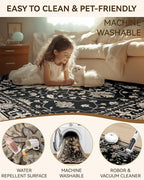 Area Rugs 7ft Washable Non-Slip, Floral Vintage Distress Print Pattern Medallion Carpet for Living Room Bedroom Dining Room, Black Brown Neutral Dark Tan