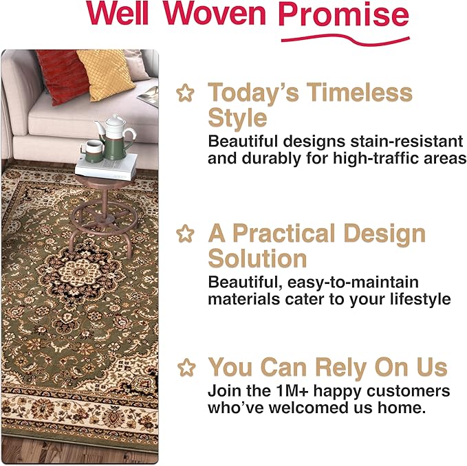 Well Woven Barclay Collection Medallion Kashan Green 4x5 Area Rug - for Entryways, Small Bedrooms, Living Rooms
