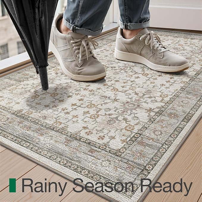 LUMI Indoor Thin Door Mat, 36x59 Washable Small Inside Doormat, Non Slip Low Pile Oriental Floor Carpet, Vintage Distressed Area Rug for Front Door,Entrance,Bedroom, Celadon