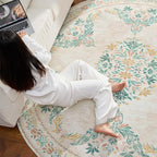 jinchan Round Rug 4ft Area Rug Vintage Floral Distressed Design Machine Washable Soft Non-Slip Low-Pile Ultra-Thin Circle Rug for Entryway Bedside Living Room Kitchen Nursery (4' Round, Apricot Multi)