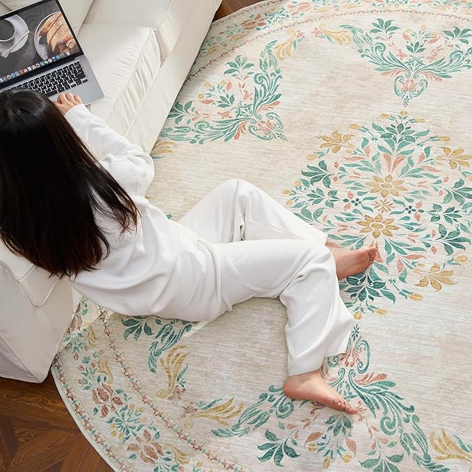 jinchan Round Rug 4ft Area Rug Vintage Floral Distressed Design Machine Washable Soft Non-Slip Low-Pile Ultra-Thin Circle Rug for Entryway Bedside Living Room Kitchen Nursery (4' Round, Apricot Multi)