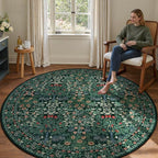 6' Round Area Rug - Floral Vintage Forest Washable Low Pile Non-Slip Carpet for Living Room, Bedroom, Dining Room, Office (Dark Green)