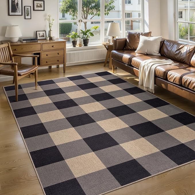 Tangsoo Checkered 4x6 Washable Easy Jute Area Rug for Patio,Non-Slip Black Grey Indoor Outdoor Rug,Modern Throw Mat Ultra Thin Carpet for Front Porch Kitchen Bedroom Foyer