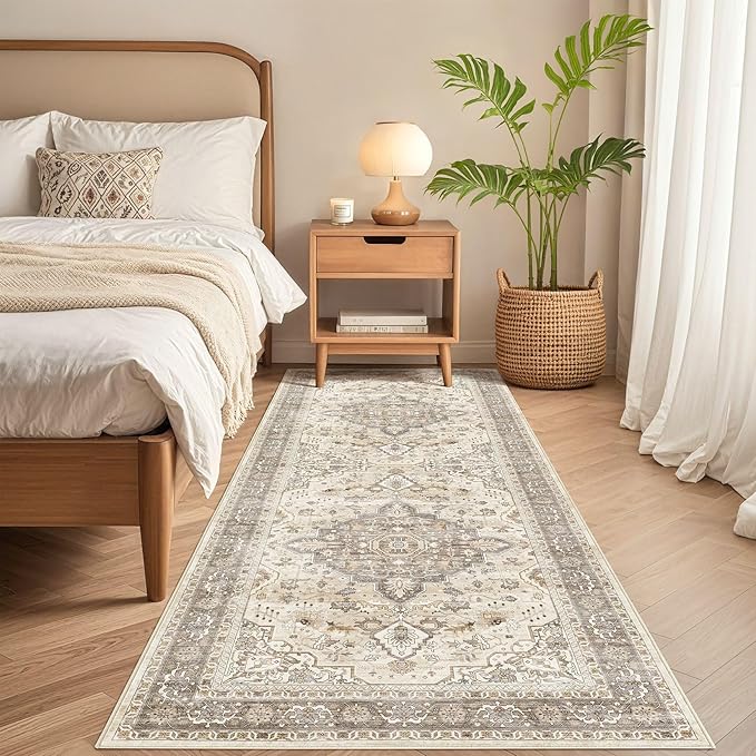 Runner Rug Kitchen Washable Rugs: 3x10 Non-Slip Boho Soft Vintage Stain Resistant Indoor Floor Neutral Farmhouse Throw Carpet for Hallway Bathroom Laundry Room Entryway Bedroom- Brown