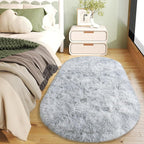 Soft Fluffy Area Rug for Bedroom, Fuzzy Shaggy Oval Throw Rugs for Bedside, Non-Slip Cozy Plush Shag Carpet for Kids Room Nursery Dorm Living Room, Tie-dye Grey, 2.6 x 5.3 Feet, 2 Packs