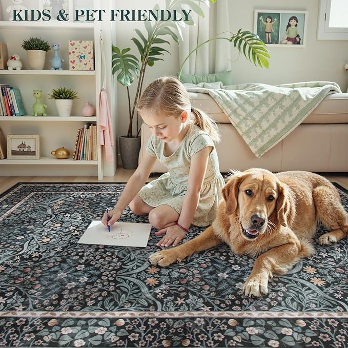 Lahome Floral Washable Kitchen Runner Rug, 2x6 Runners for Hallways Non Slip Ultra-Thin, Boho Soft Hallway Rug Forest Stain Resistance Black Carpet for Bedroom Bathroom Laundry Room, Black