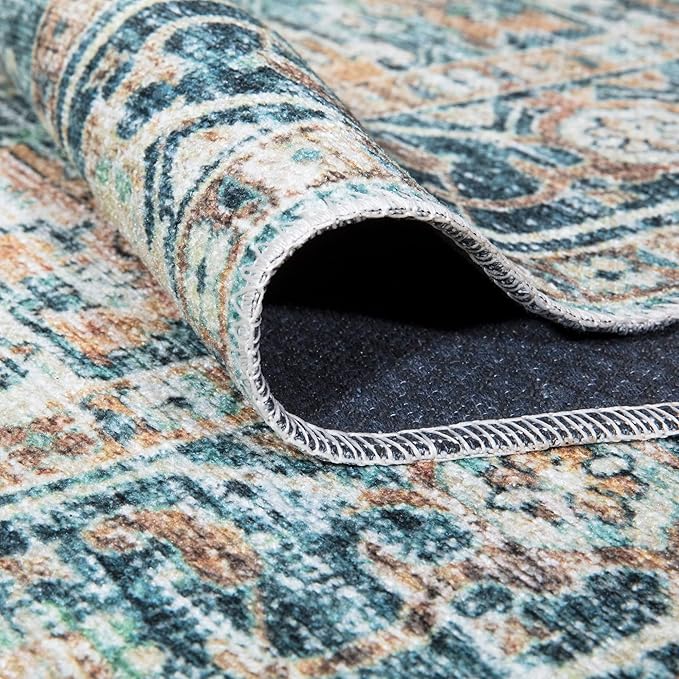 Bloom Rugs Washable Non-Slip 2x3 Rug - Blue Green/Tangerine Traditional Oriental Area Rug for Living Room, Bedroom, Dining Room, and Kitchen - Exact Size: 2' x 3'