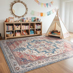 Boho Rugs for Bedroom Girls Playroom, Distressed Medallion Printed 8x10 Rugs for Living Room Kids Room Nursery, Washable Non Slip Low Pile Thin Soft Carpet Rugs Dining Room, Blue/Pale Salmon
