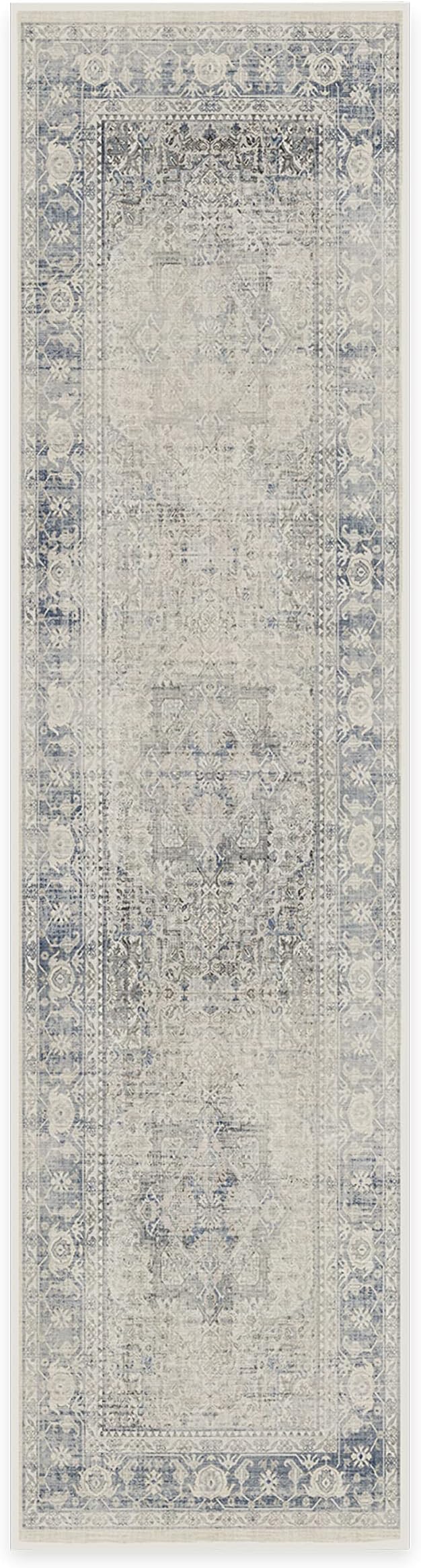 RUGGABLE Washable Vintage Runner Rug – Kamran Blue Quartz 2.5x10, Stain-Resistant, Non-Slip Hallway Runner – Machine Washable Rug for Hallway, Entryway, Living Room & Kitchen–with Cushioned Pad