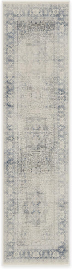 RUGGABLE Washable Vintage Runner Rug – Kamran Blue Quartz 2.5x10, Stain-Resistant, Non-Slip Hallway Runner – Machine Washable Rug for Hallway, Entryway, Living Room & Kitchen–with Cushioned Pad