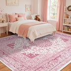 Bright Pink Area Rug for Living Room, 8x10 Machine Washable Rugs with Non-Slip Backing for Girls Bedroom, Large Vintage Carpet for Kitchen Laundry Kids Room