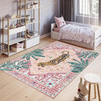 Pink Rug 4x6 Oriental Washable Non-Slip Tiger Rug Ultra Soft Vintage Print Tropical Carpet for Living Dining Playroom Nursery Camper